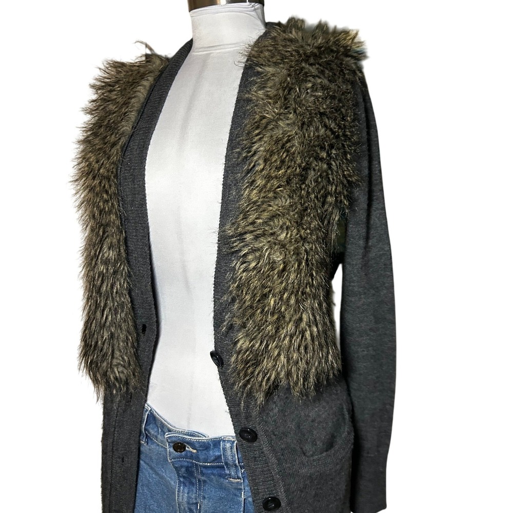 Ann Taylor Long Cardigan XS Gray Wool Aplaca Faux Fur Collar - Picture 5 of 7